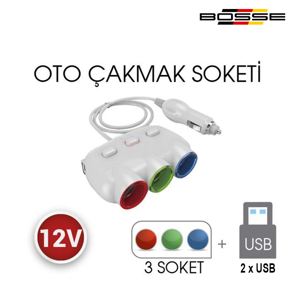 Oto Çakmak Soketi Çoklayıcı 2USB - 3Çakmak Kablolu 12 Volt