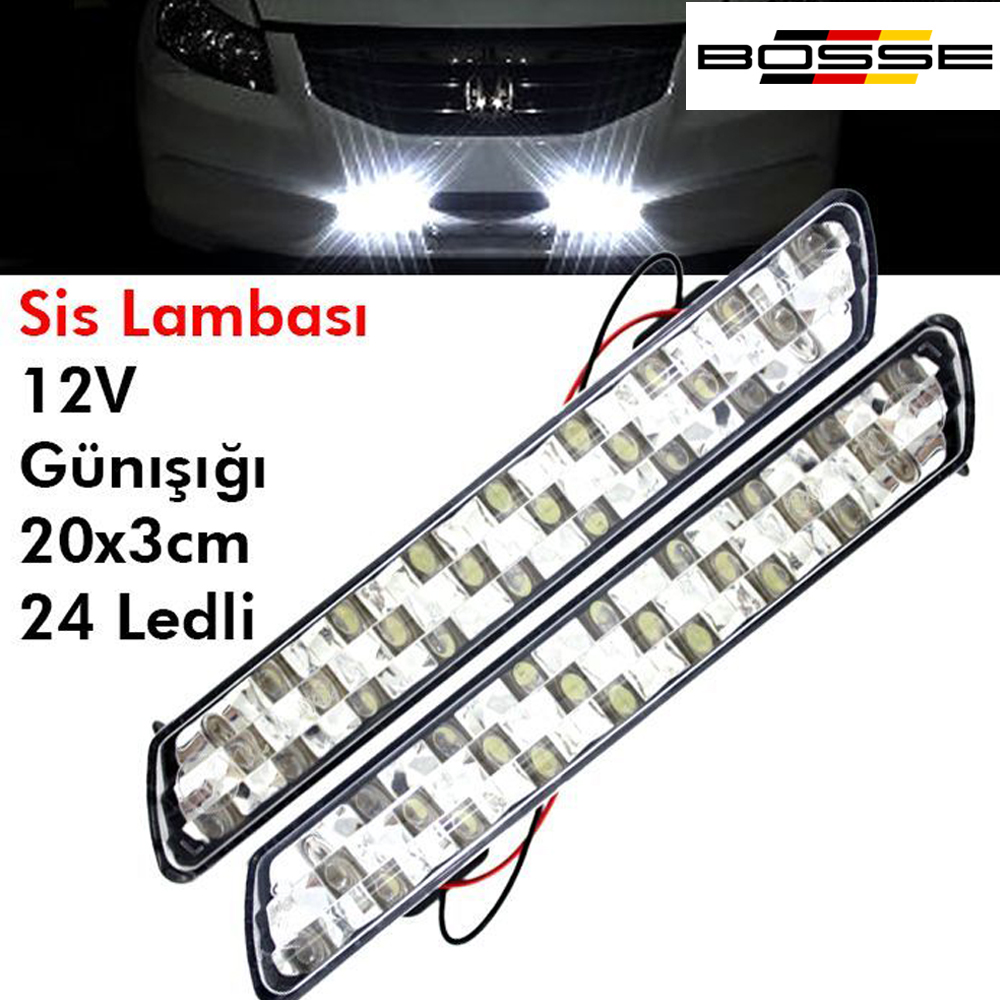 Oto Sis Lambası Gündüz Farı Beyaz 20 cm x 3 cm 24 Ledli 12 Volt 1 Takım