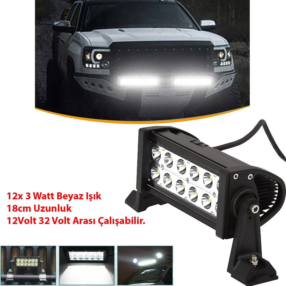 Off Road Sis Farı Tavan Tampon Led Bar 18CM 12Led 36W 12 Vol -30 Volt Arası