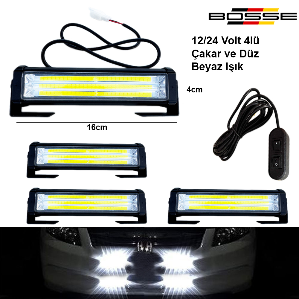 Panjur Arası Çakar Led Off Road Çakar Lamba 4 adet 2 Fonk. Düz ve Çakar Beyaz 12 24 Volt