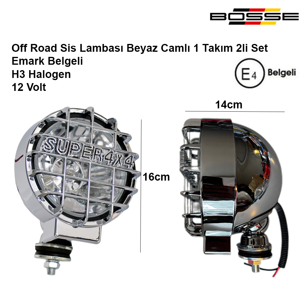 Off Road Sis Lambası Pick Up 4x4 Yuvarlak Nikel 16 cm Çap Emark Belgeli H3 Halogen 12 Volt 2li Set