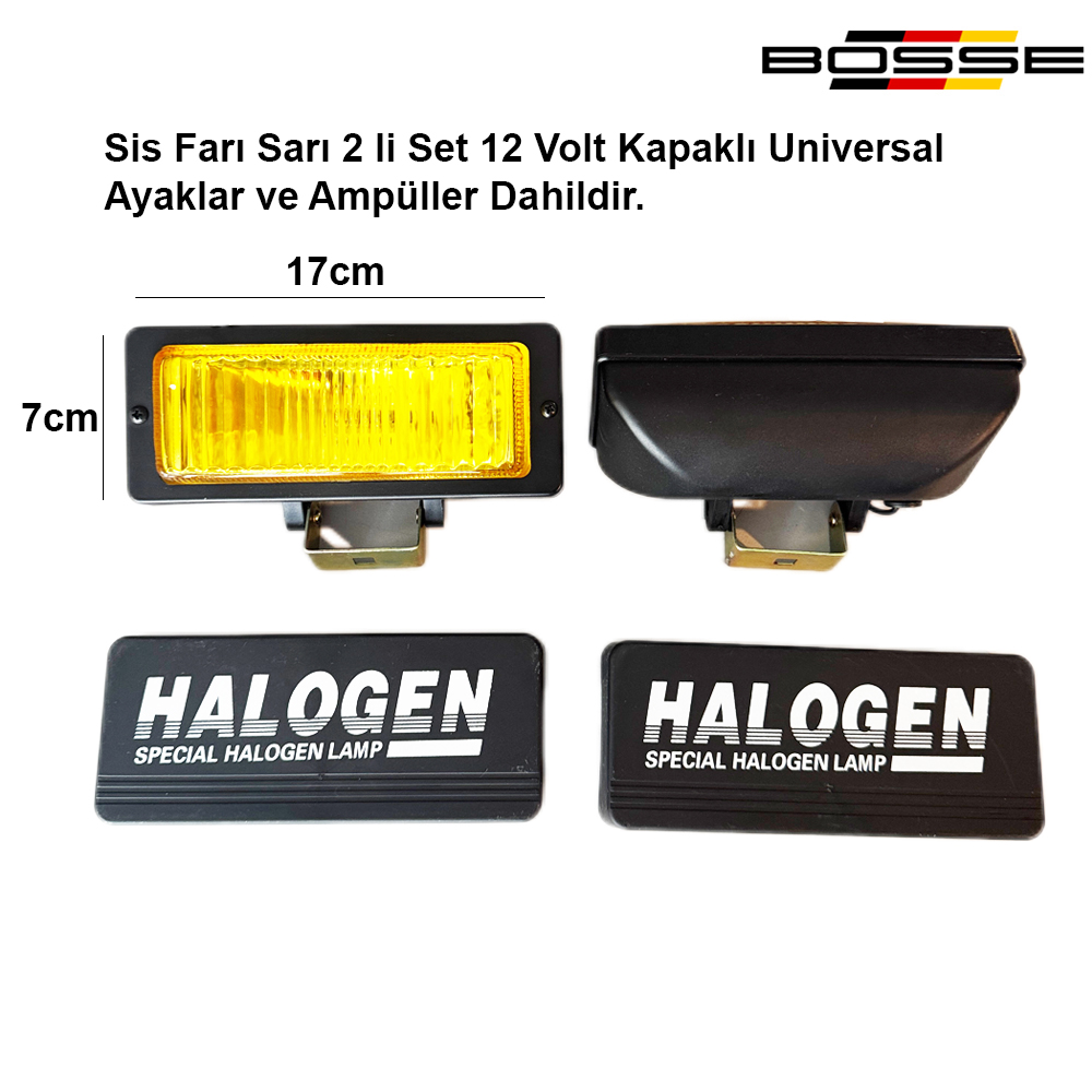 Off Road Sis Lambası Dikdörtgen Sarı Kapaklı Ayaklı 2Li Set Ampüller Dahil 12 Volt 17x7cm