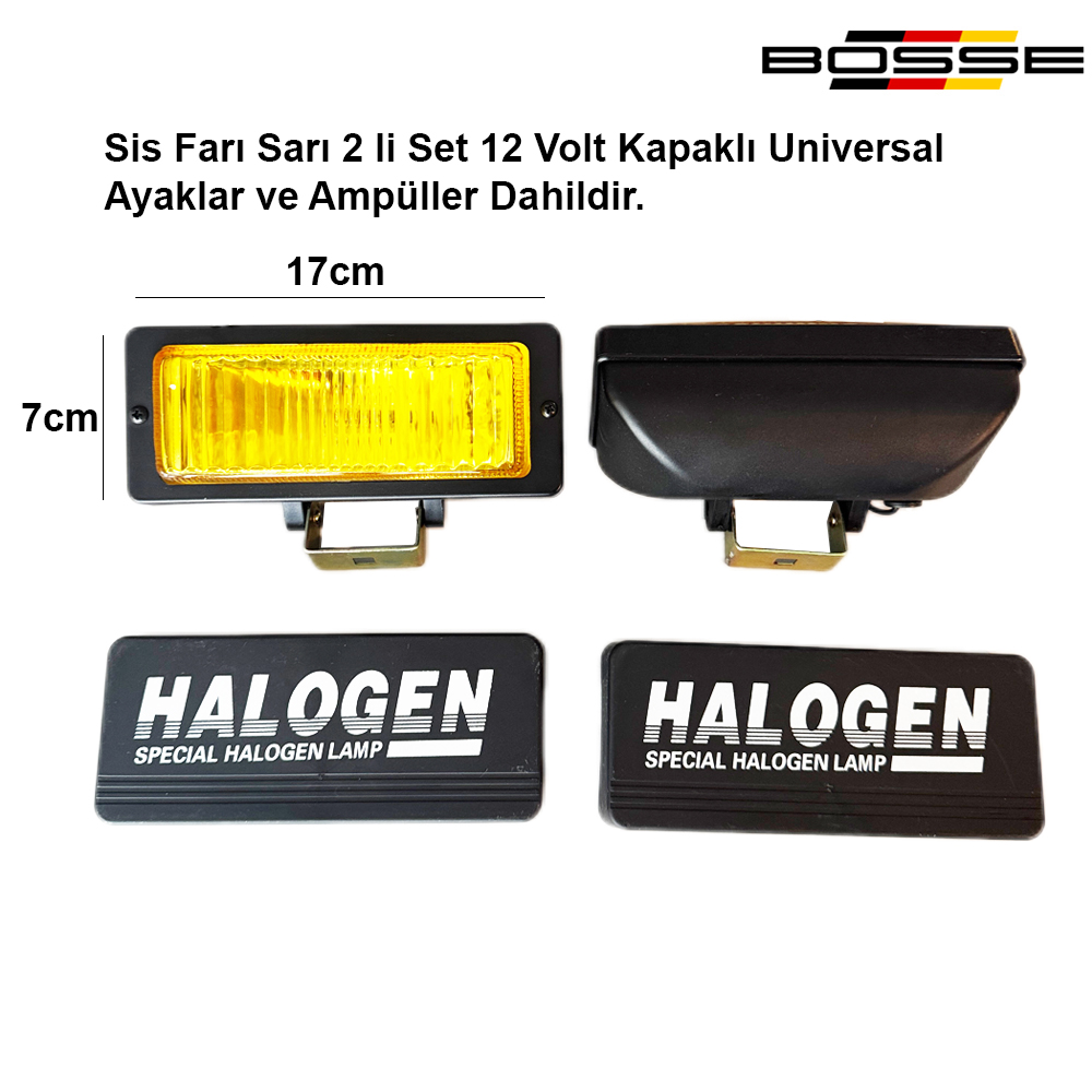 Off Road Sis Lambası Dikdörtgen Sarı Kapaklı Ayaklı 2Li Set Ampüller Dahil 12 Volt 17x7cm