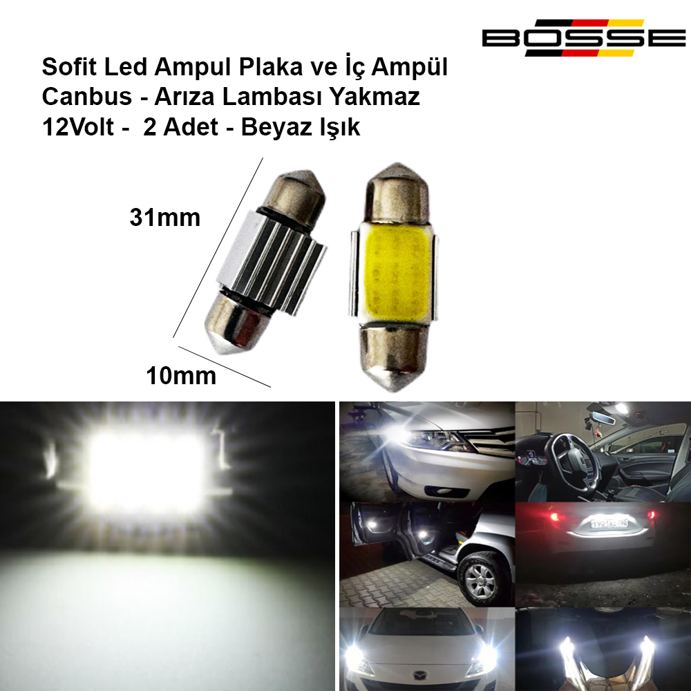 Sofit Ampül Plaka ve İç Tavan Ampul Sofit Led Canbus 31 mm Kısa Japon Tip 12 Volt BOSSE AEM 2li