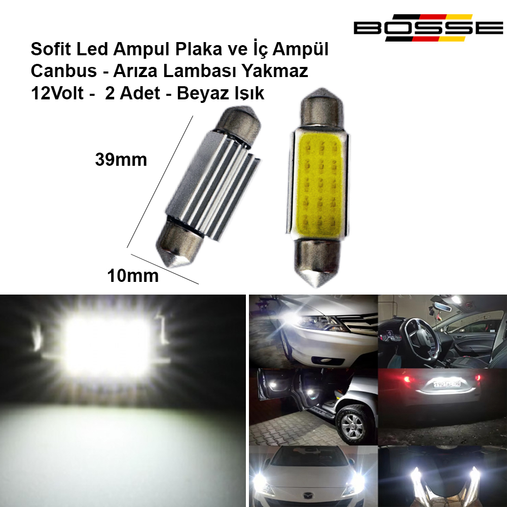 Sofit Ampül Plaka ve İç Tavan Ampul Sofit Led Canbus 39 mm Uzun Tip 12 Volt BOSSE AEM Serisi 2li