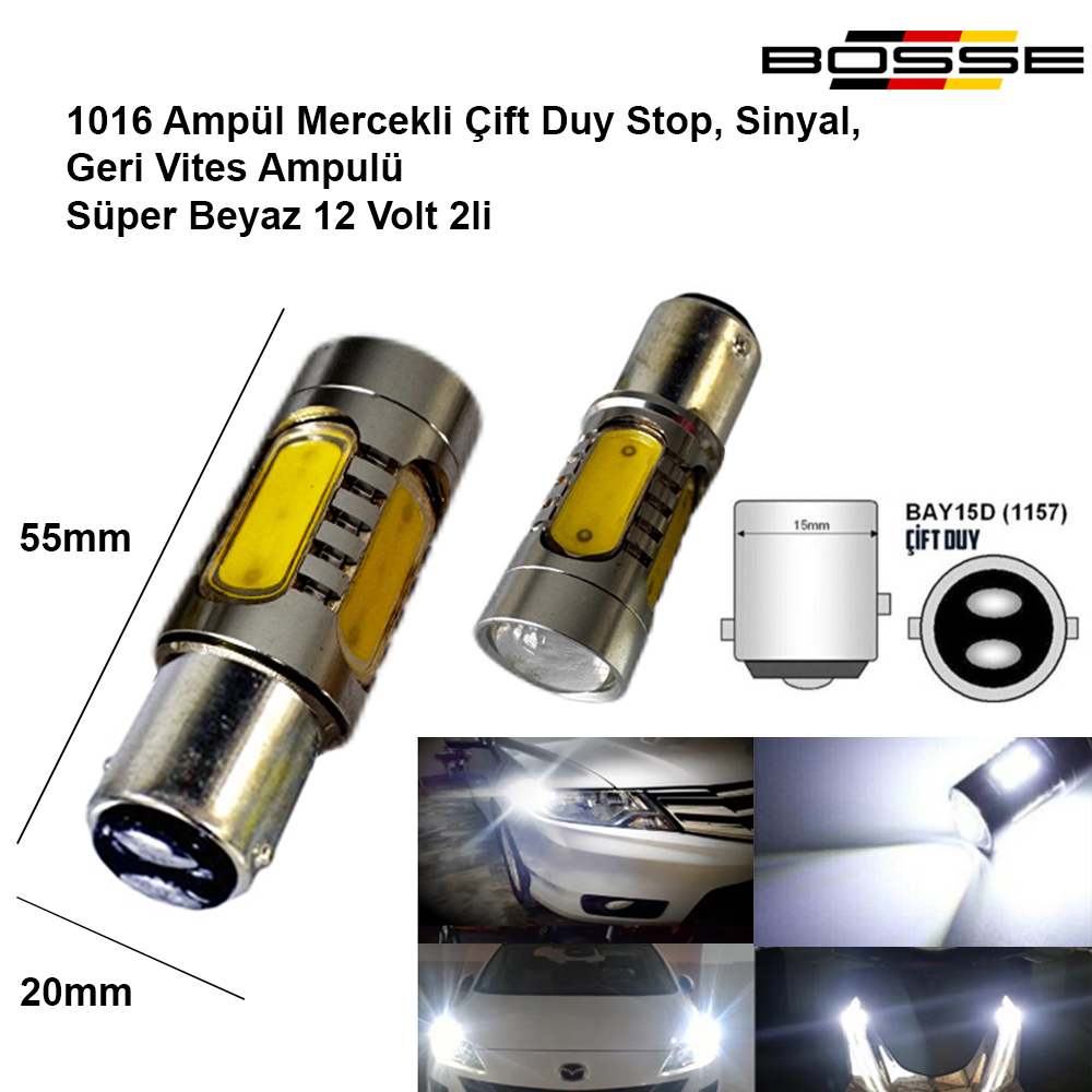 1016 Ampül Mercekli Çift Duy Stop Sinyal Geri Vites Ampulü Süper Beyaz 12 Volt BOSSE AEM Serisi 2li