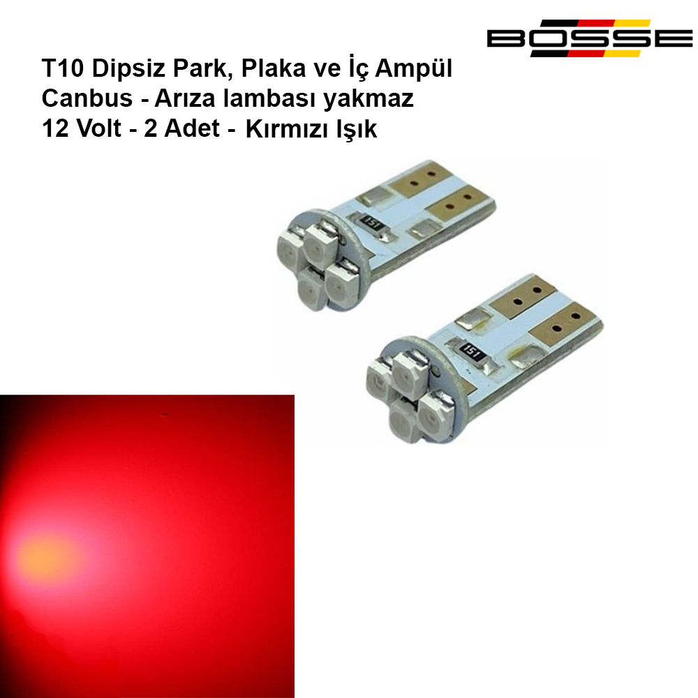 Park Ampülü Plaka ve İç Tavan Ampul T10 Dipsiz Kırmızı Canbus 12 Volt BOSSE FORZA Serisi 2li