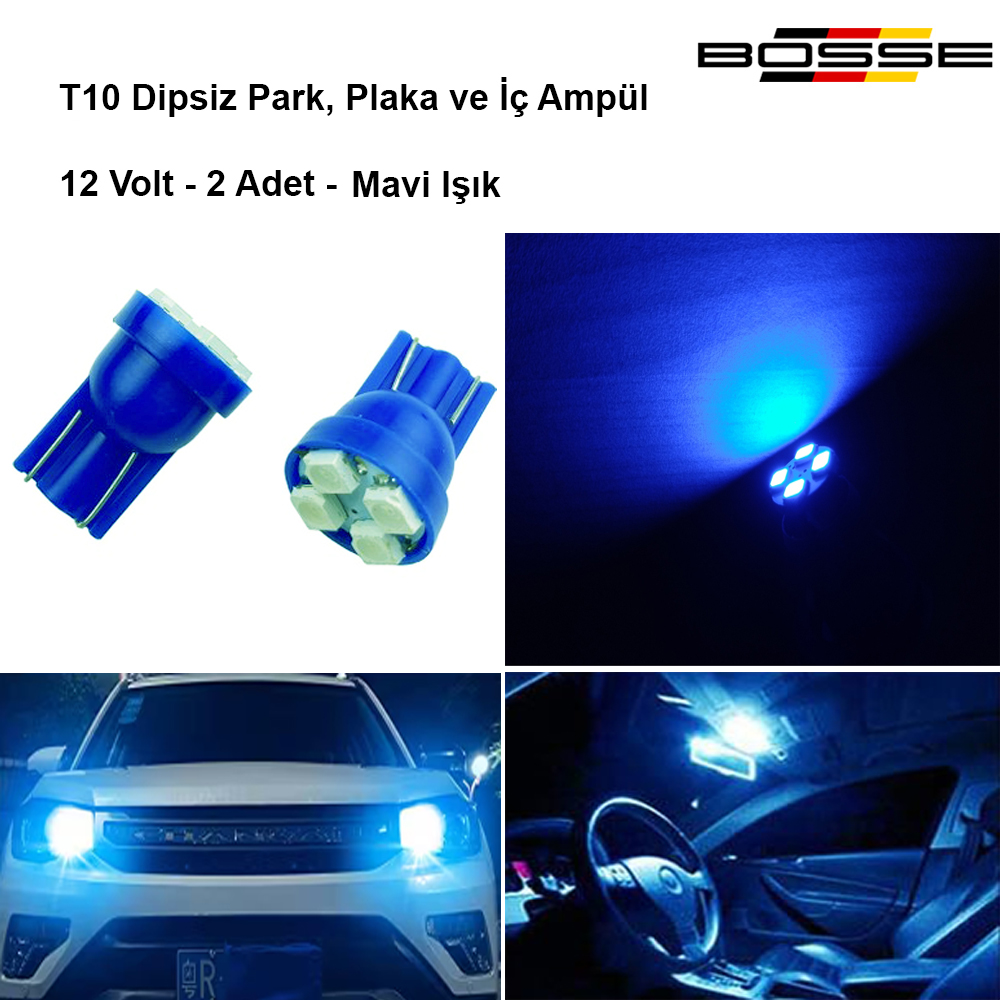 Park Ampülü Plaka ve İç Tavan Ampul T10 Dipsiz Mavi 12 Volt BOSSE FORZA Serisi 2li