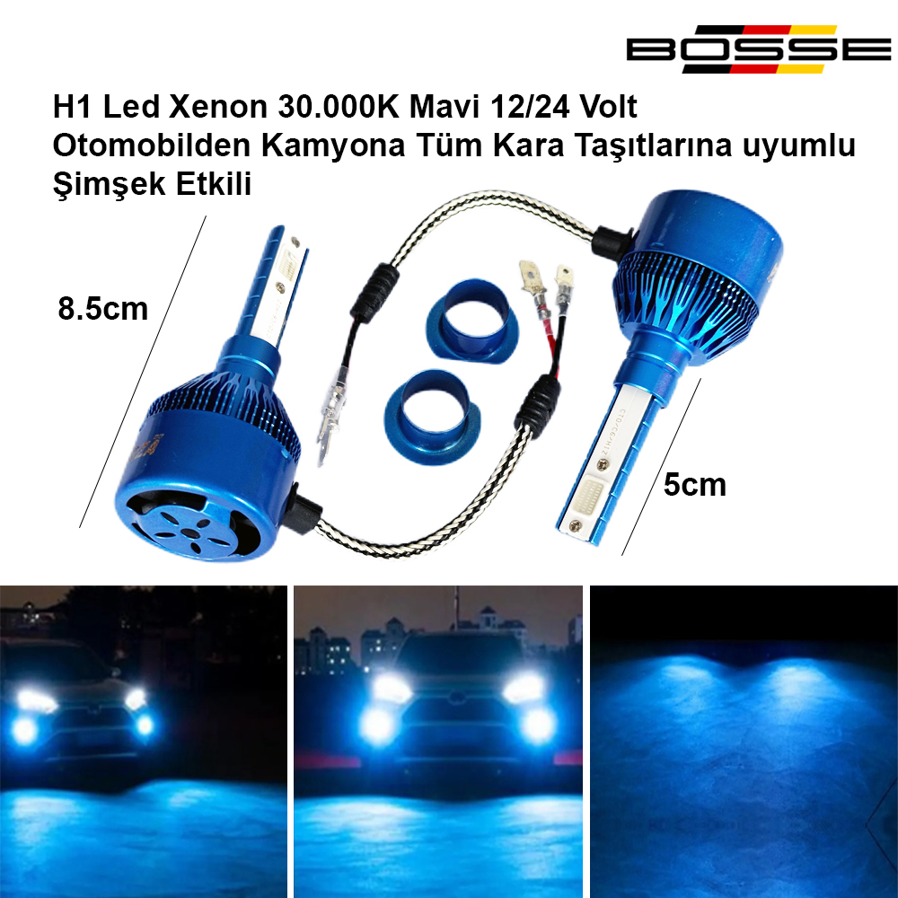 H1 Led Xenon Deli Mavi 30.000K Şimşek Etkili 12 - 24 Volt Uyumlu BOSSE FORZA Serisi 2li