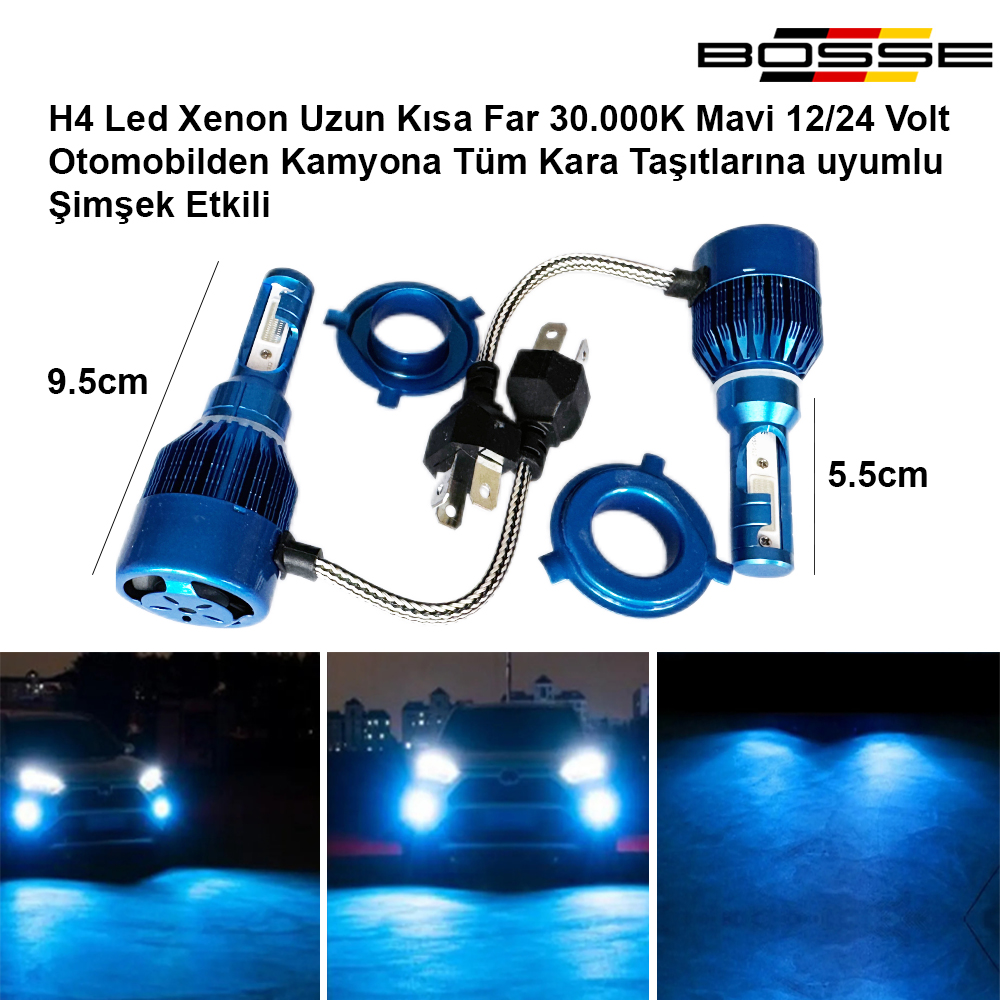 H4 Led Xenon Deli Mavi 30.000K Şimşek Etkili 12 - 24 Volt Uyumlu BOSSE FORZA Serisi 2li