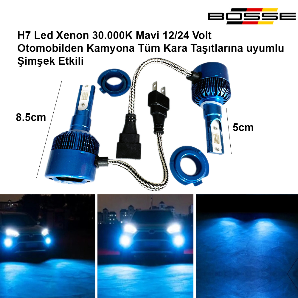 H7 Led Xenon Deli Mavi 30.000K Şimşek Etkili 12 - 24 Volt Uyumlu BOSSE FORZA Serisi 2li