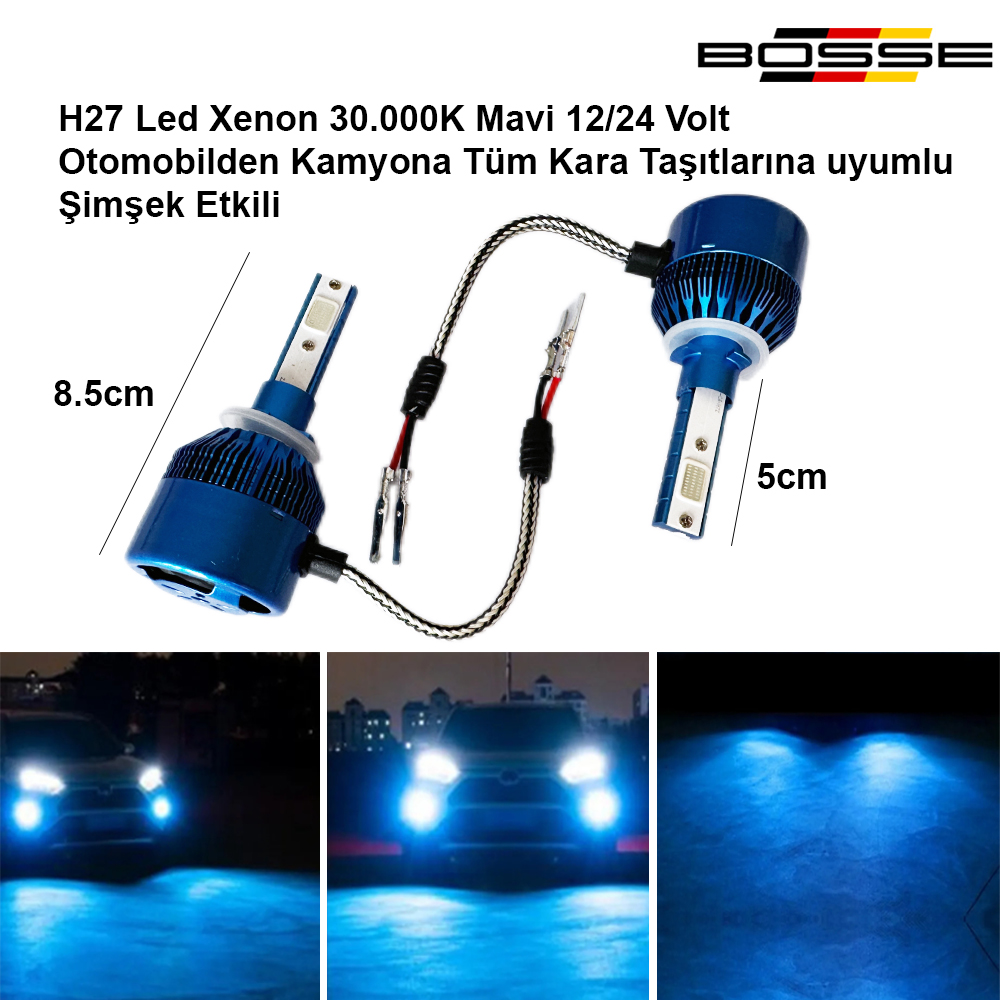 H27 Led Xenon Deli Mavi 30.000K 880 Şimşek Etkili 12 - 24 Volt Uyumlu BOSSE FORZA Serisi 2li