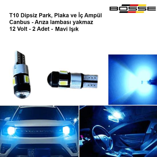 Park Ampülü Plaka ve İç Tavan Ampul T10 Dipsiz Mercekli Mavi Canbus 12 Volt BOSSE AEM Serisi 2li