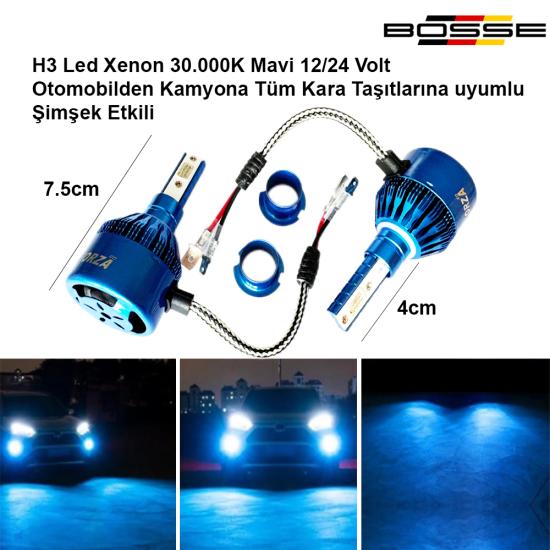 H3 Led Xenon Deli Mavi 30.000K Şimşek Etkili 12 - 24 Volt Uyumlu BOSSE FORZA Serisi 2li