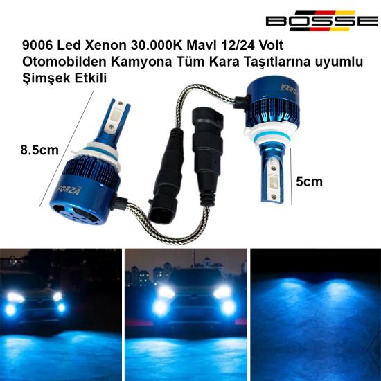 9006 Led Xenon Deli Mavi 30.000K HB4 Şimşek Etkili 12 - 24 Volt Uyumlu BOSSE FORZA Serisi 2li