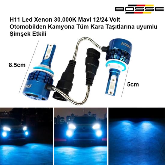 H11 Led Xenon Deli Mavi 30.000K Şimşek Etkili 12 - 24 Volt Uyumlu BOSSE FORZA Serisi 2li